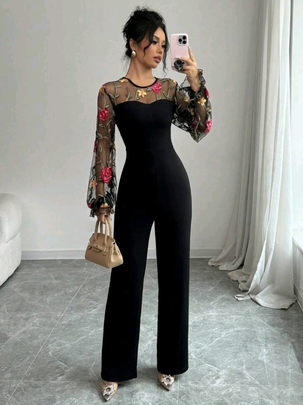 SHEIN Black Jumpsuit with Floral Embroidered Sheer Sleeves